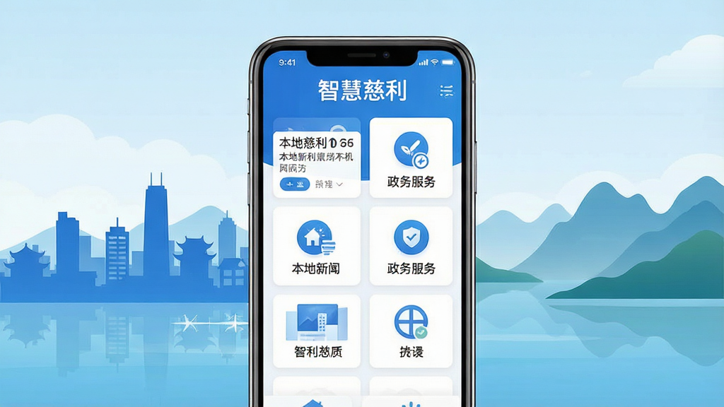 智慧慈利手机应用主界面展示,画面中央放置一部现代智能手机,屏幕内呈现本地新闻资讯与政务服务图标网格,背景为慈利县城市剪影与山水风光,采用扁平化UI设计风格,主色调为蓝色与白色,细节包含清晰的按钮与卡片式布局,画质高清,干净无多余元素,整体排版简洁明了,突出“智慧慈利”文字标识