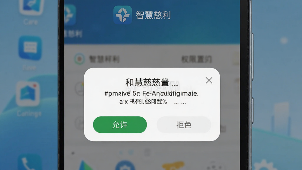 智慧慈利安卓手机安装与权限设置示意图,画面展示手机屏幕弹出权限请求对话框,背景为简洁的桌面环境,风格写实,细节包含清晰的允许与拒绝按钮,画质高清,干净无多余元素,屏幕上方标注“智慧慈利”图标