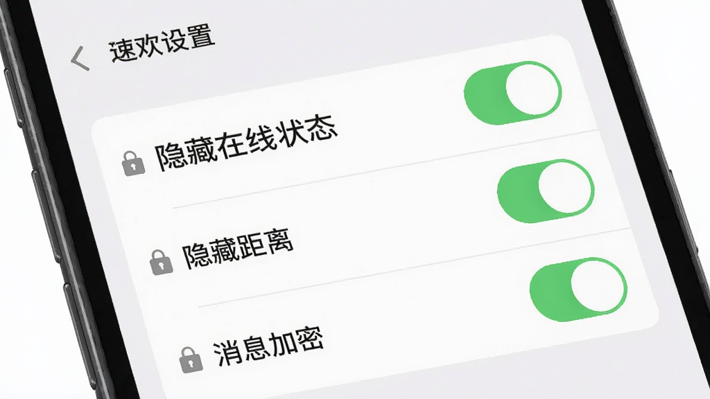 手机屏幕显示速欢应用的隐私设置页面,页面上有多个开关按钮对应“隐藏在线状态”“隐藏距离”“消息加密”等选项,背景为浅灰色,布局采用列表式排列,风格为简约商务的UI设计图,细节包括开关的绿色开启状态和锁形图标,画质清晰干净,无多余元素