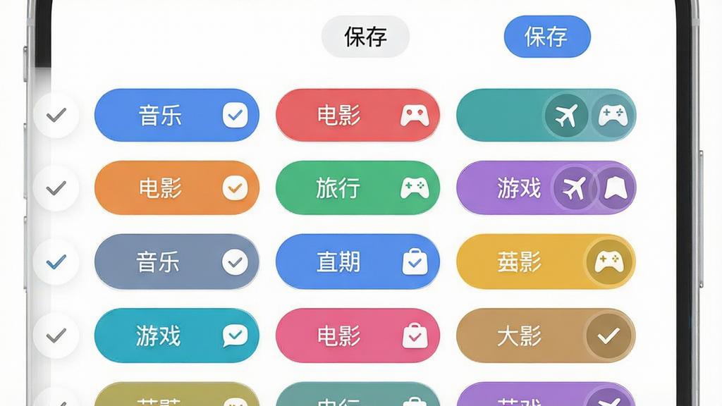 手机屏幕显示速欢应用的个人兴趣标签设置页面,页面上排列着多个彩色圆角矩形标签,如“音乐”“电影”“旅行”“游戏”等,标签有选中和未选中两种状态,背景为干净的白色,布局采用网格排列,风格为简洁清新的UI设计图,细节包括标签旁的小勾选图标和顶部的保存按钮,画质锐利干净,无多余元素