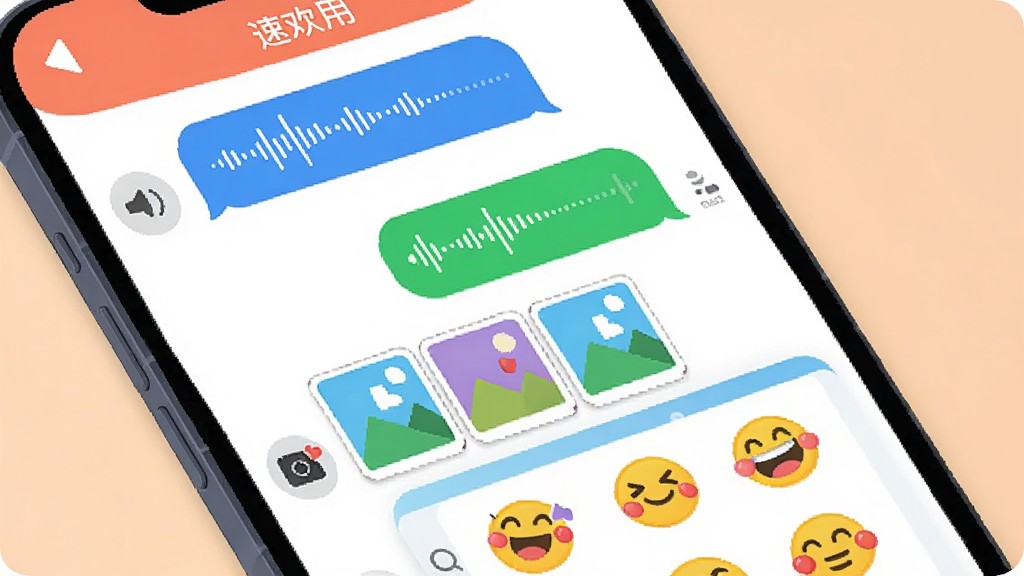 手机屏幕显示速欢应用聊天窗口,窗口内包含文字气泡、语音消息条、图片缩略图和表情包面板,界面色彩丰富但不过于花哨,布局采用上下对话流结构,风格为活泼的扁平化社交UI插画,细节包括语音条上的波形动画和表情包中的卡通笑脸,画质高清干净,无多余元素