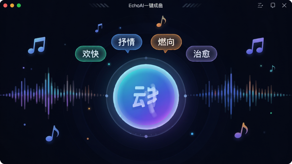 ����չʾ��EchoAIһ�����������������棬������һ����Ŀ��Բ�����ɰ�ť����ť�Ϸ������š����족�����顱��ȼ�򡱡���������������ǩ����������ɫ�Ƽ��磬��׺����������ƵƵ�׺�����ͼ�꣬���ּ��۽������Ϊ���������廭��ϸ�ڰ�����Ч�ͽ��䣬���ʸ���ɾ����޶���Ԫ�ء�
