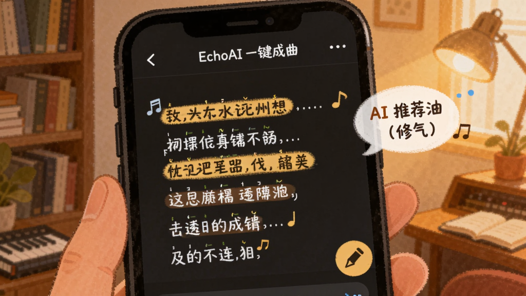 ����չʾ��EchoAIһ���������ĸ�ʱ༭ҳ�棬�ֻ���Ļ����ʾһ�δ�Ѻ�ϱ�ǵ����ĸ�ʣ��Ա���AI�Ƽ��ʻ����ݺ��޸ı�ͼ�꣬����Ϊůɫ���鷿����������Ϊ�ֳ��ֻ���д�����Ϊ��ܰ�ֻ�廭��ϸ�ڰ�����ʸ���������װ�Σ����ʸɾ����޶���Ԫ�ء�