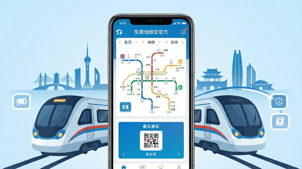 画面中央是一部智能手机,屏幕亮起显示东莞地铁官方APP的首页界面,界面中包含清晰的线路图与乘车码入口。手机周围环绕着抽象的地铁列车线条与东莞城市地标剪影,背景采用干净的浅蓝色渐变。整体风格为现代科技感与扁平化设计相结合,排版居中对称,细节上突出地铁元素与移动支付图标。画质清晰,色彩明亮,画面干净整洁,无多余杂乱元素。