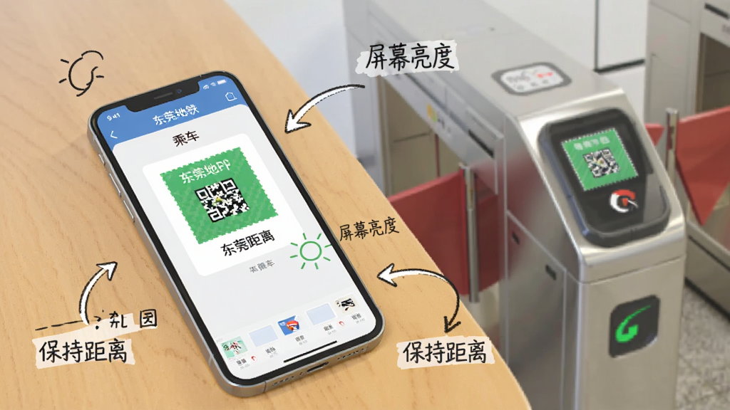 画面展示一部手机放置在桌面上,屏幕显示东莞地铁APP的乘车码界面,旁边有一张地铁闸机的局部特写。画面中用手绘风格的箭头标注出“保持距离”“屏幕亮度”等提示信息。整体风格为信息图解式,排版清晰,细节上突出扫码动作与注意事项。画质干净,色彩柔和,无多余装饰元素。