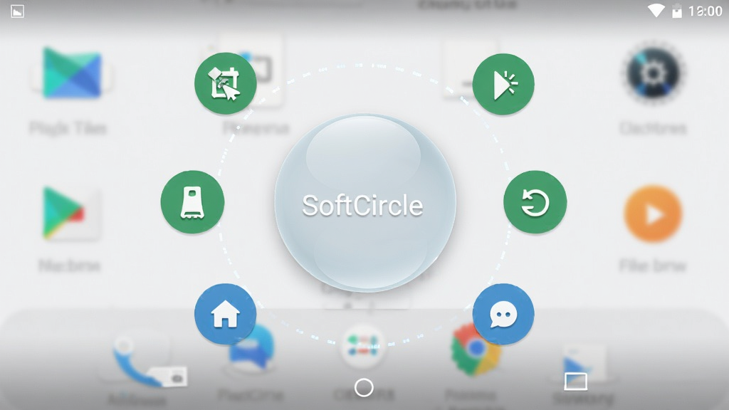 悬浮捷径SoftCircle软件主界面展示,画面中央是一枚半透明圆形悬浮球,周围环绕截屏、清理、返回、主页等快捷图标,背景为简洁的安卓手机桌面,整体风格清爽科技感,布局居中对称,细节清晰,画质干净,无多余元素