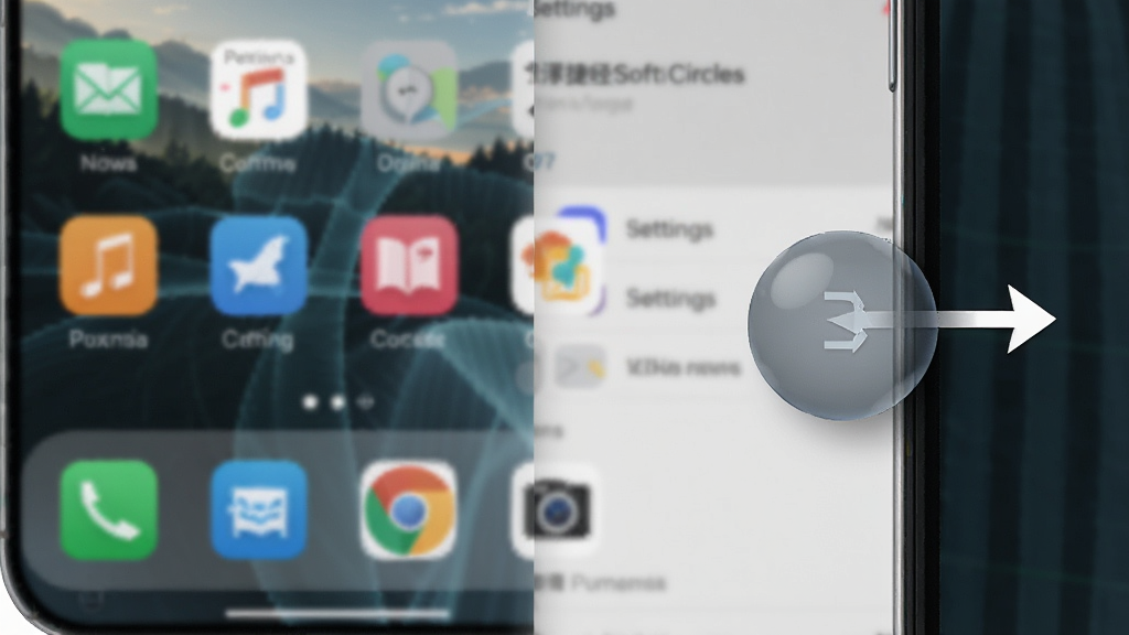悬浮捷径SoftCircle在手机屏幕边缘吸附的示意图,画面展示悬浮球半隐藏在屏幕右侧中部,旁边有箭头标注可拖动方向,背景为手机桌面与设置界面拼接,风格直观清晰,细节到位,画质干净