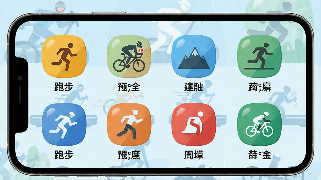 一张展示GaoFit运动模式选择界面的图片,画面中手机屏幕上排列着跑步、骑行、登山等运动图标网格,每个图标下方有中文标签,背景为淡蓝色运动主题,布局为整齐的图标矩阵,风格为动感活力的扁平化设计,细节包括图标的高光效果和清晰的文字说明,画质高清,干净无多余元素