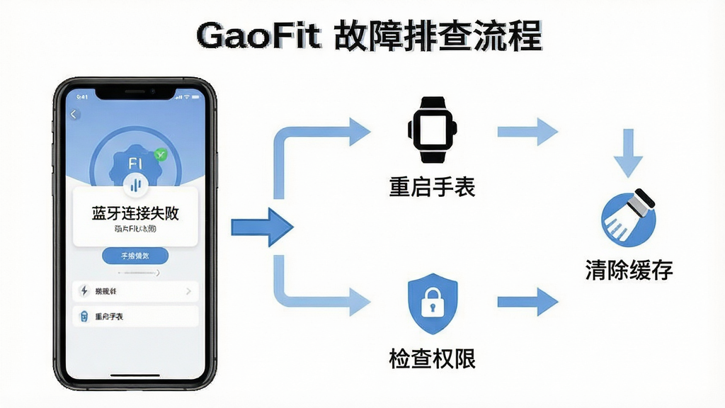 一张展示GaoFit应用故障排查流程的示意图,画面中手机屏幕显示蓝牙连接失败提示,旁边有步骤箭头指向“重启手表”“检查权限”“清除缓存”等操作图标,布局为流程图式排列,风格为简洁明了的说明性插图,细节包括清晰的图标和文字标签,画质高清,干净无多余元素