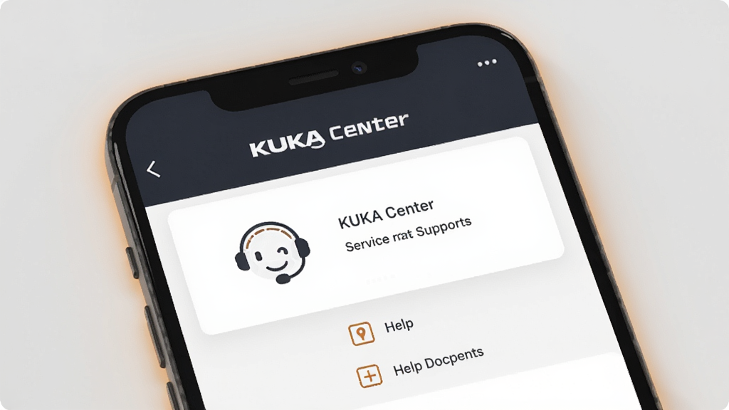 一张展示手机界面的图片,界面中“KUKA Center”的服务支持页面被突出显示,页面上有客服图标和帮助文档入口。背景是柔和的浅灰色,手机周围有微弱的橙色光晕,风格商务简约,画质高清,无杂乱元素。