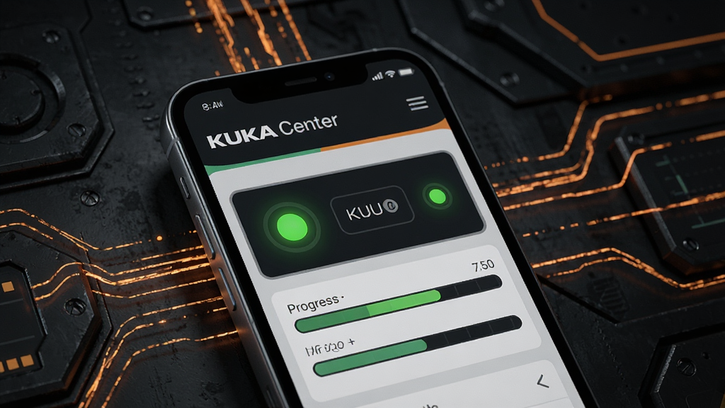 一张带有科技感的数据面板图,画面中一部手机显示“KUKA Center”的设备管理界面,界面中有设备状态指示灯和进度条。背景是深色工业风,带有橙色数据流线条,风格硬朗,细节丰富,画质清晰,无多余元素。