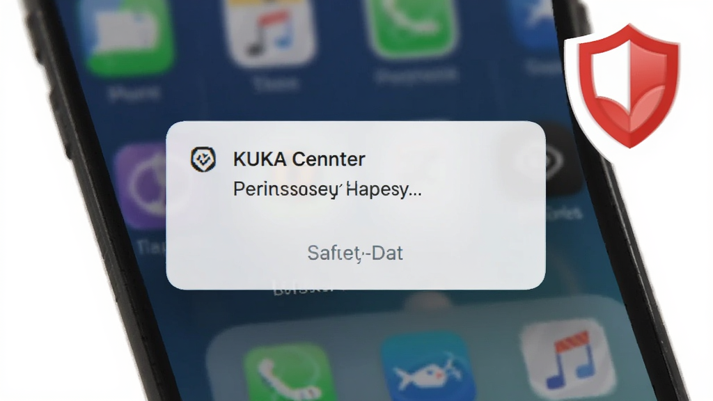 一张手机屏幕截图风格的图片,画面中“KUKA Center”应用弹出权限请求弹窗,背景是手机桌面。图片角落有一个醒目的红色盾牌图标,代表安全提示。风格为写实UI风格,画质清晰,无多余装饰。