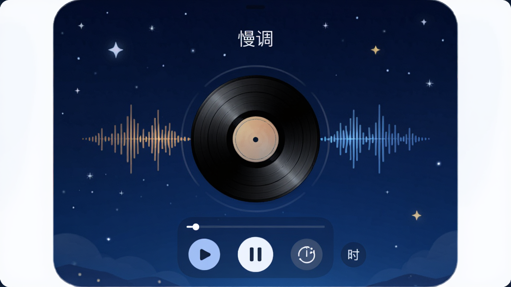 一个名为“慢调”的App内部界面,展示助眠音律播放器,屏幕中央有旋转的黑胶唱片图案,周围环绕着声波可视化特效,下方有播放、暂停、定时按钮,背景为深蓝色夜空点缀星星,风格宁静安详,画质清晰,细节丰富,干净无杂乱元素