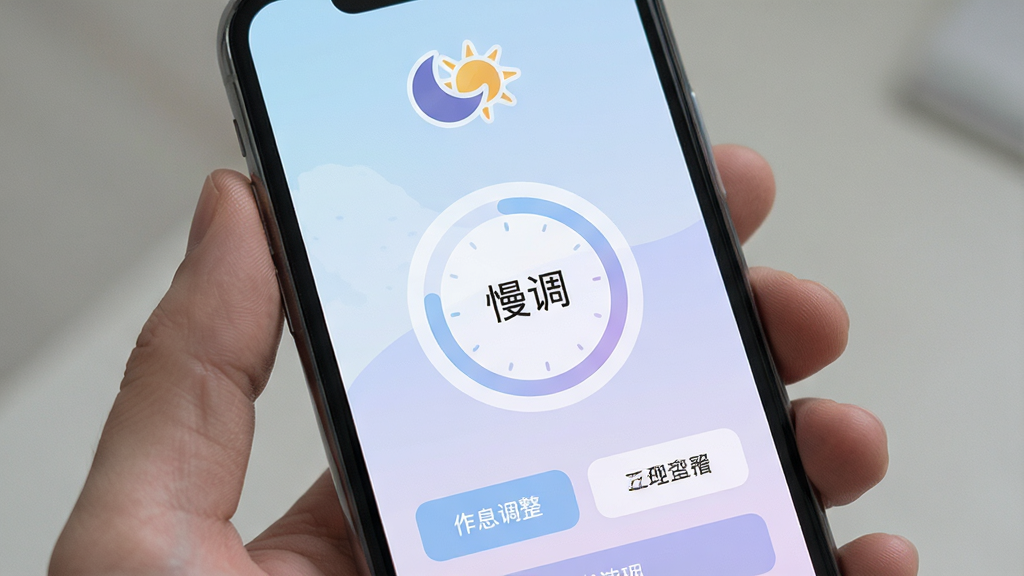 一张展示手机屏幕的图片,屏幕中央显示一个名为“慢调”的App界面,界面以柔和的浅蓝色和淡紫色为主色调,顶部有月亮和太阳交替的图标,中间是一个圆形的作息调整进度环,下方有几个简洁的选项按钮,整体布局清晰,风格清新简约,画质清晰,干净无多余元素