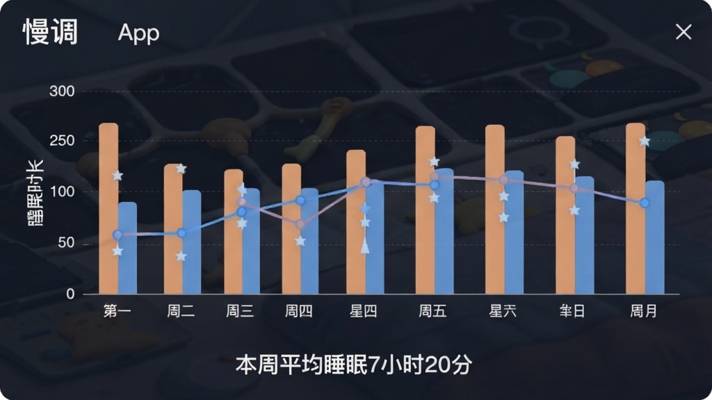 一个名为“慢调”的App数据统计页面,展示柱状图和折线图,横轴为星期一到星期日,纵轴为睡眠时长,图表颜色为柔和的橙色和蓝色,页面底部有“本周平均睡眠7小时20分”的文字摘要,风格专业简洁,画质清晰,干净无多余元素