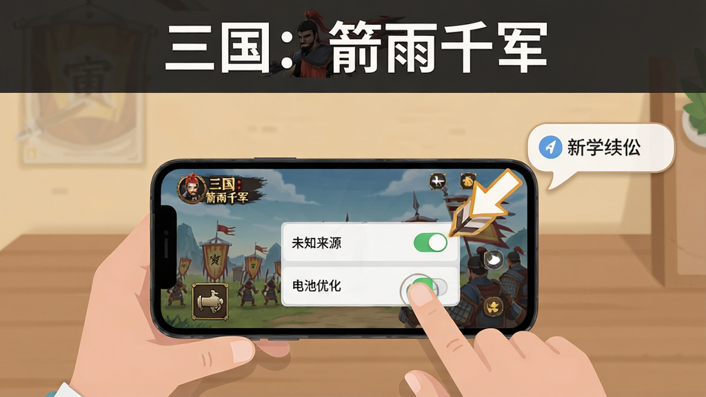画面主体为一位新手玩家坐在桌前,面前手机屏幕上显示《三国:箭雨千军》的新手引导界面,旁边有箭头指向设置菜单中的“未知来源”开关和“电池优化”选项。布局为教程图解风格,上方有“三国:箭雨千军”文字。排版为竖版手机截图加标注,风格为扁平化信息图,细节包括手指点击位置、提示气泡、设置图标。画质高清,干净,无多余元素