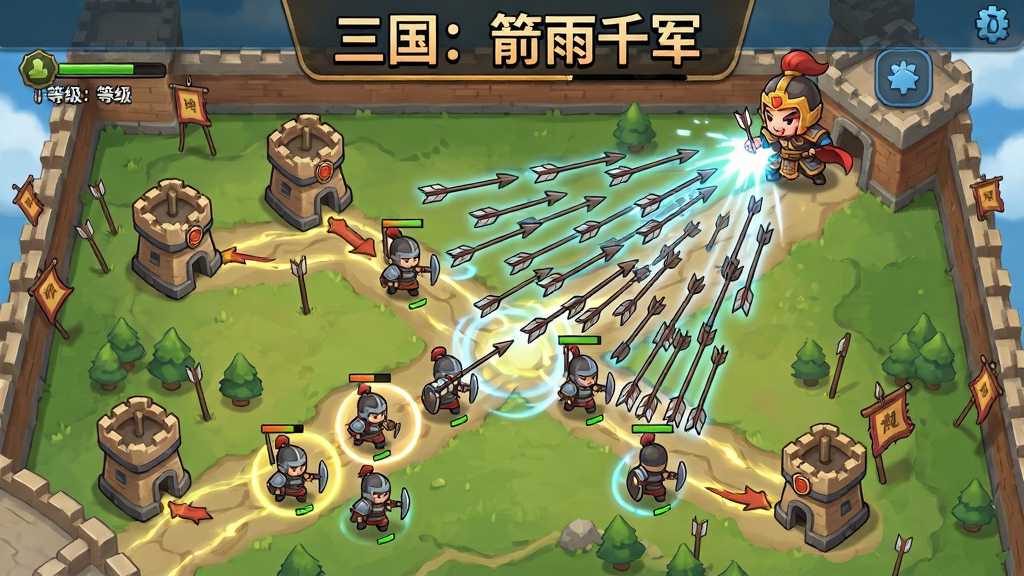 画面主体为一张古代战场俯视图,地图上分布着数座箭塔,箭塔之间连接着敌军行进路线,天空中一位武将正在释放箭雨技能,箭矢覆盖大片区域。布局为游戏战斗界面截图风格,上方有“三国:箭雨千军”文字标识。排版为横版战斗场景,风格为Q版卡通塔防画风,细节包括箭塔等级标识、敌军兵种、技能特效光晕。画质高清,干净,无多余元素