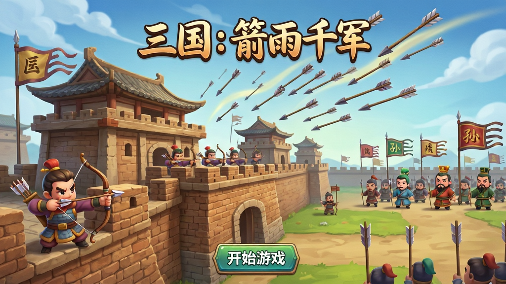 画面主体为一款三国题材塔防游戏的主界面,中央是雄伟的古代城墙与箭塔,城墙上站着手持弓箭的士兵,天空中无数箭矢如雨般飞向敌军,远处是曹操、刘备、孙权三方阵营的旗帜。布局上方为游戏标题“三国:箭雨千军”,下方为开始游戏按钮。排版为竖版手机屏幕比例,风格为中国风Q版卡通渲染,细节包括城墙砖纹、弓箭手服饰、箭雨轨迹、阵营旗帜飘动。画质高清,干净,无多余元素