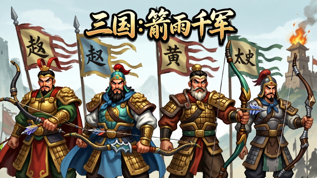 画面主体为多位三国名将并排站立,从左到右依次为吕布、赵云、黄忠、太史慈,每人手持不同样式的弓箭,身后是各自阵营的旗帜。布局为横向排列的角色展示图,上方有“三国:箭雨千军”游戏Logo。排版为宽屏海报风格,风格为中国风水墨与卡通结合,细节包括武将铠甲纹路、弓箭造型差异、背景烽火台。画质高清,干净,无多余元素