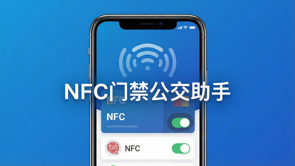 一张展示NFC门禁公交助手软件界面的手机模型图,手机屏幕显示卡片列表和刷卡状态,背景是简洁的科技蓝渐变,画面中央有
