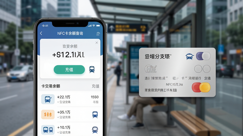 手机屏幕显示NFC门禁公交助手的公交卡余额查询页面,界面中有余额数字和交易记录列表,背景是城市公交站台虚化场景,主体为手机屏幕,布局为左侧手机右侧公交卡元素,风格为现代都市通勤风,细节包含余额高亮、充值按钮和地铁公交图标,画质清晰,干净,无多余元素