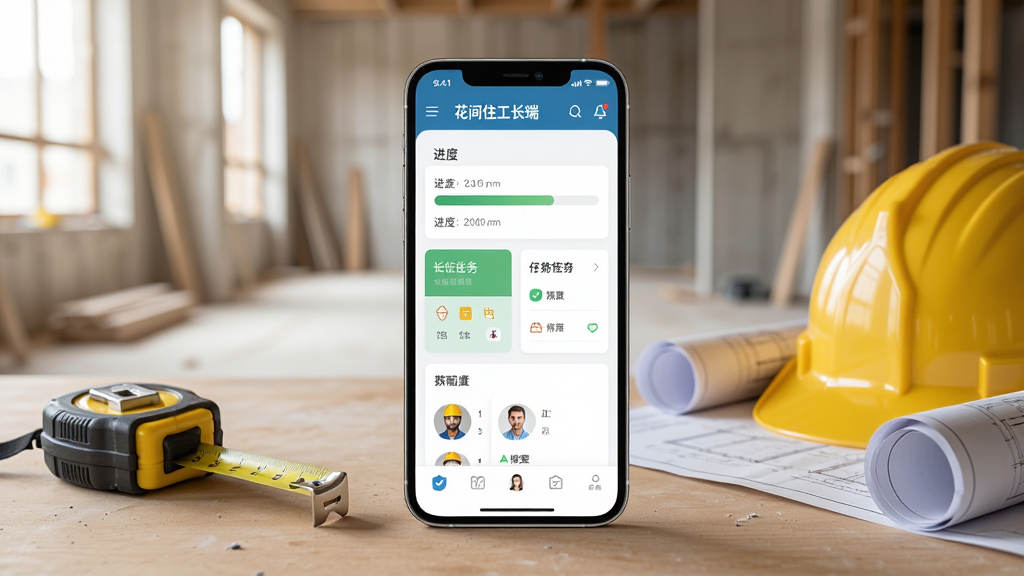 画面中央是一部智能手机,屏幕上显示花间住工长端APP的工地管理主界面,界面中有进度条、任务卡片和工人头像列表。手机放置在木质桌面上,旁边有卷尺、安全帽和图纸。背景是正在施工的室内场景,光线明亮柔和。整体风格为写实商务风,细节丰富,画质清晰,干净整洁,无多余元素。