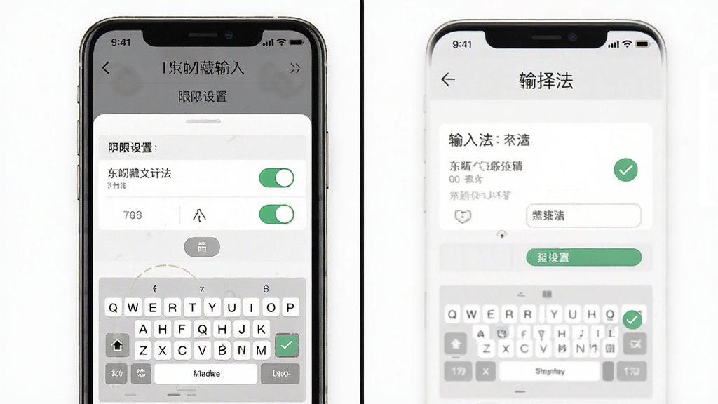 一张展示东噶藏文输入法安装设置步骤的示意图,主体为手机屏幕显示权限设置页面与输入法选择界面,布局为左右分屏对比,排版清晰,风格为教程图解,细节包括权限开关、键盘图标、勾选标记,画质高清、干净、无多余元素