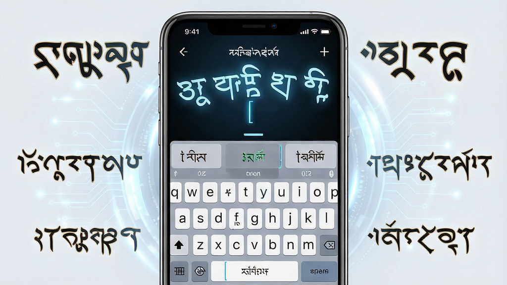 一张展示东噶藏文输入法核心全貌的宣传图,主体为一部智能手机屏幕显示藏文输入法键盘界面,周围环绕藏文书法字体和科技光效,布局采用居中构图,手机位于画面中央,键盘上方有藏文字母浮现,排版简洁大方,风格为现代科技感与民族文化融合,细节包括藏文符号、输入光标、候选词栏,画质高清、干净、无多余元素