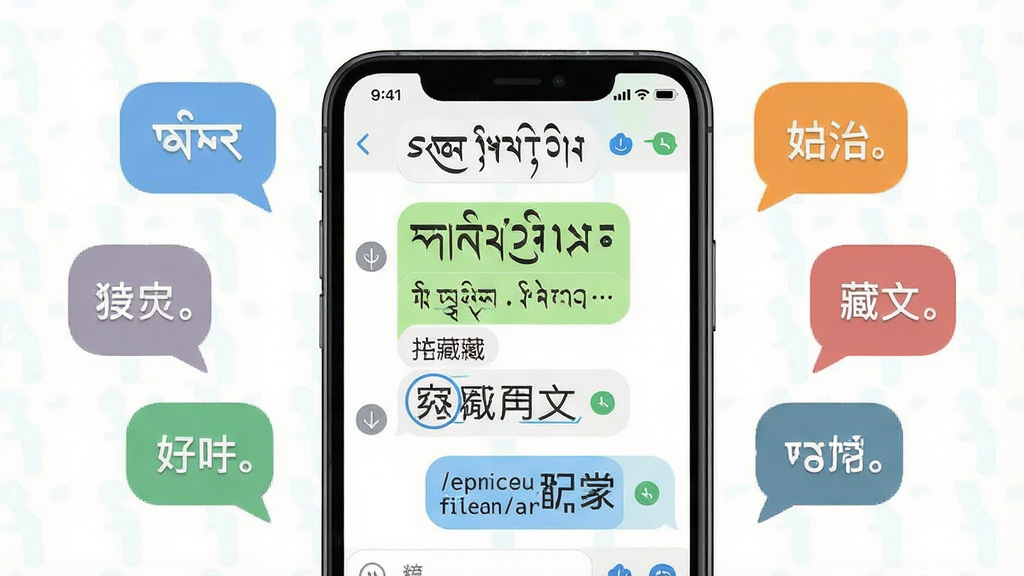 一张展示东噶藏文输入法多语言混合输入功能的示意图,主体为手机屏幕显示藏文、中文、英文混合输入的聊天界面,布局为手机居中,周围有语言气泡图标环绕,排版采用左右对称,风格为清新扁平化设计,细节包括藏文三十个字母、中文字符、英文单词,画质高清、干净、无多余元素