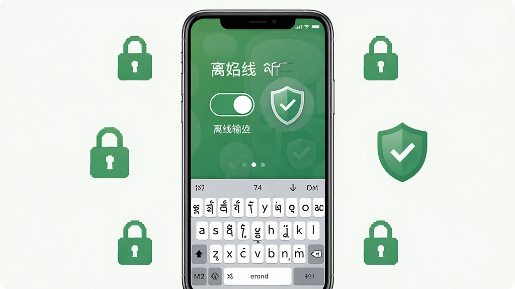 一张展示东噶藏文输入法离线输入与隐私保护功能的示意图,主体为手机屏幕显示离线模式开关与盾牌图标,布局为手机居中,周围有锁形图标环绕,排版简洁,风格为安全绿调,细节包括离线标识、隐私盾牌、藏文键盘,画质高清、干净、无多余元素