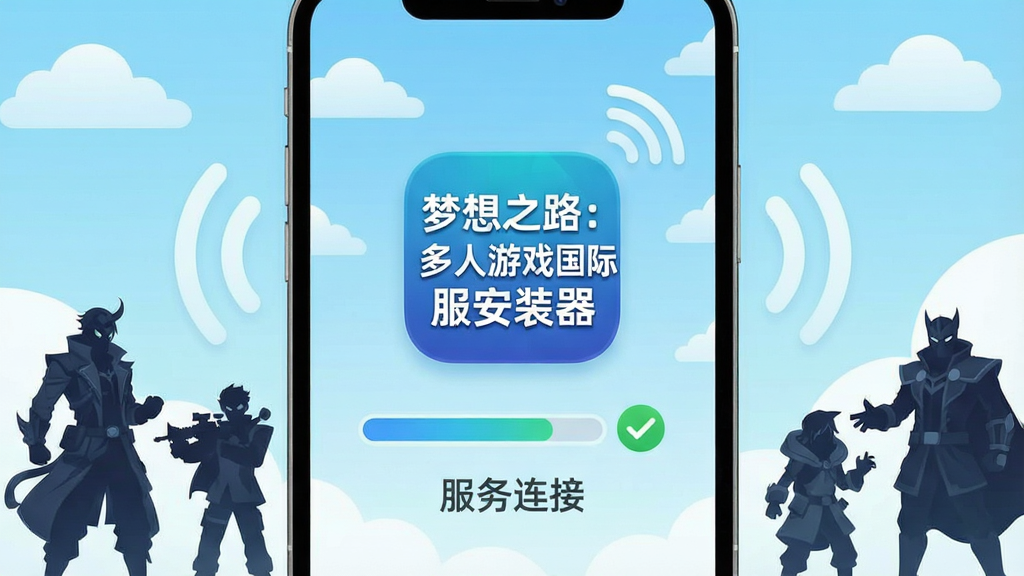 一张展示手机屏幕的竖版插画,画面中央是“梦想之路:多人游戏国际服安装器”应用图标,图标下方排列着安装进度条与服务器连接成功的绿色对勾标识,背景是浅蓝色渐变与云朵图案,周围点缀着游戏角色剪影和联机信号波纹,整体风格清爽明快,排版居中简洁,画质高清,干净,无多余元素