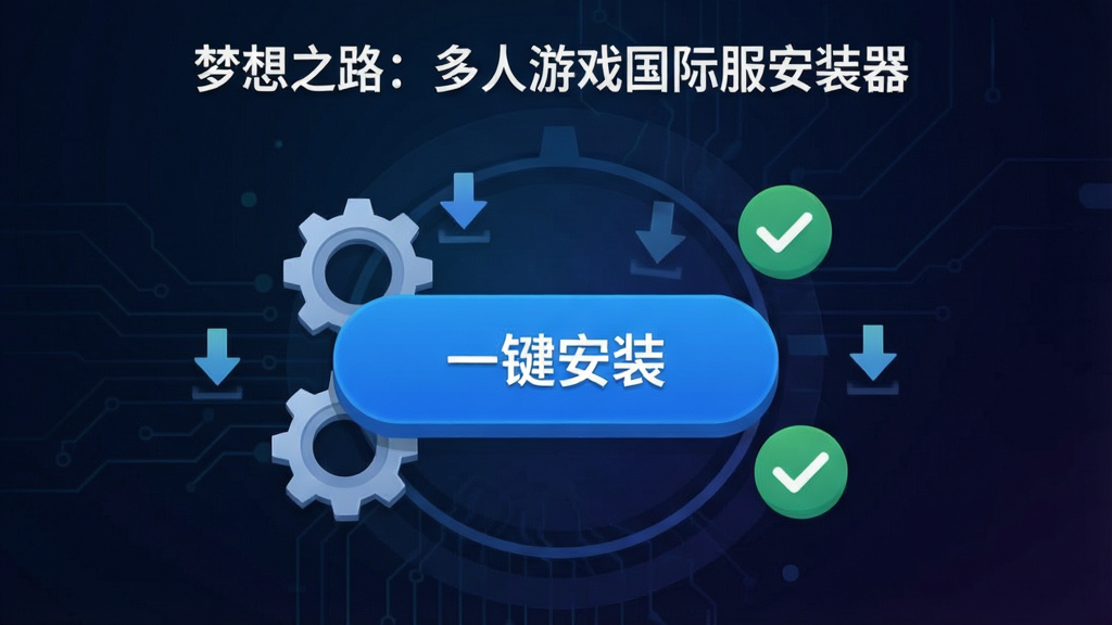 一张手机应用界面截图风格的插画,画面中“梦想之路:多人游戏国际服安装器”的主界面,中央是一个醒目的蓝色一键安装按钮,按钮周围环绕着齿轮、下载箭头、对勾图标,背景是深色科技感渐变,界面排版整齐,风格简洁现代,画质高清,干净,无多余元素