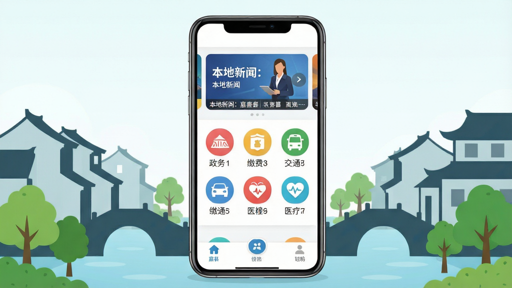 画面中央展示一部智能手机,手机屏幕内呈现新闻资讯与生活服务界面,顶部有本地新闻轮播图,中部排列政务、缴费、交通、医疗等图标,底部为导航栏,手机四周环绕嘉善水乡建筑剪影与绿树元素,整体布局居中对称,风格清新简洁的扁平化设计,细节上界面文字清晰、图标圆润,画质干净明亮,无多余装饰元素