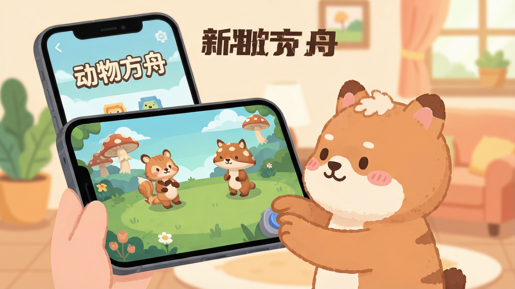 一部智能手机屏幕上显示“动物方舟”游戏界面,旁边有一个卡通风格的小动物正在操作手机,背景是温馨的房间。画面中有文字“动物方舟 新手攻略”。风格为扁平插画,色彩柔和,构图简洁,画质高清干净,无多余元素。