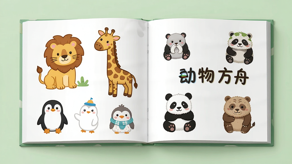 一本展开的动物图鉴册子,页面上画着各种卡通动物插画,包括狮子、长颈鹿、企鹅、熊猫等,图鉴旁边有“动物方舟”字样。背景是柔和的浅绿色,画风清新可爱,布局整齐,排版清晰,画质高清干净,无多余元素。
