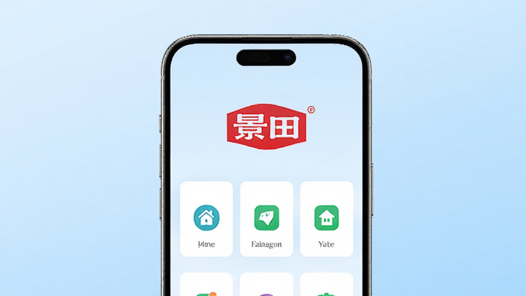 画面中央放置一部智能手机,手机屏幕上显示“景田”应用的主界面,界面布局简洁,顶部有“景田”文字标识,下方排列三个功能卡片图标,背景为浅蓝色渐变,整体风格清爽现代,排版居中对称,细节上手机边缘有轻微反光质感,画质清晰干净,无多余元素
