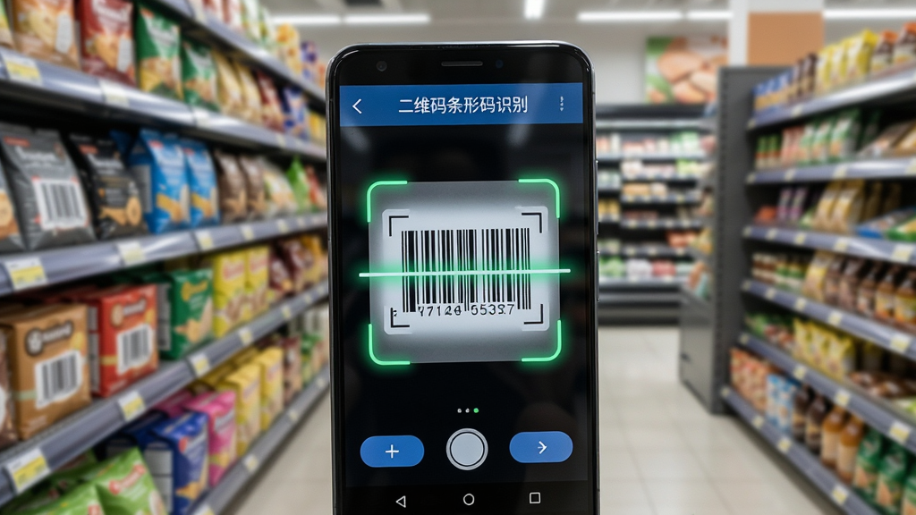 一部安卓手机正在扫描商品条形码的场景图,手机屏幕显示