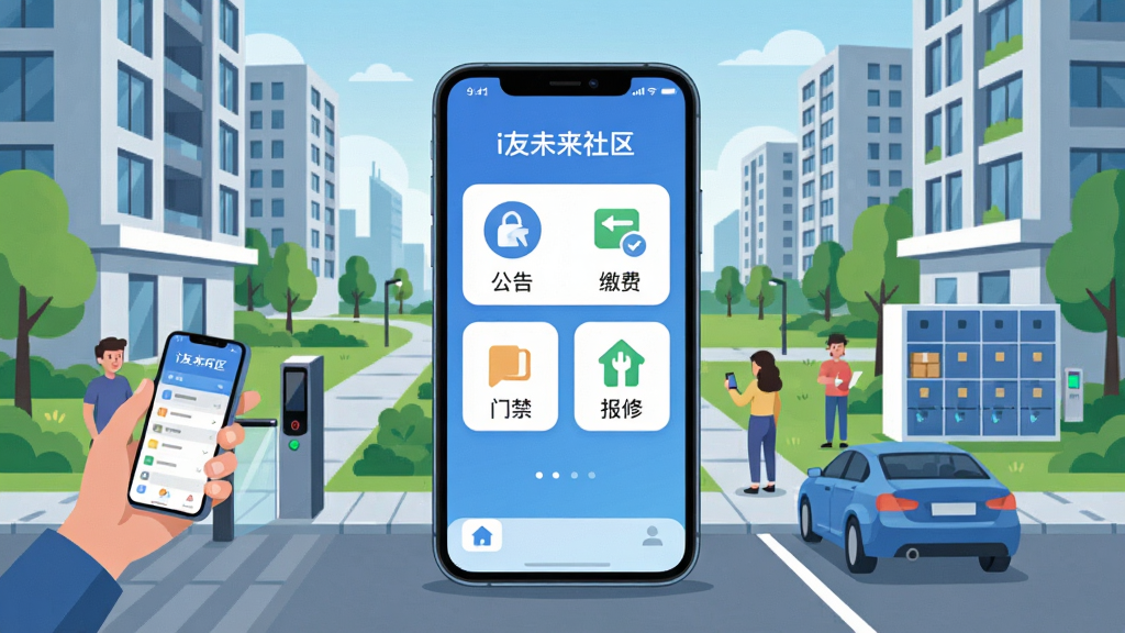 画面中央展示一部智能手机,屏幕上显示“i友未来社区”应用主界面,界面包含社区公告、缴费、门禁、报修等图标,背景为现代智慧社区全景,有高楼、绿化带和智能快递柜,整体布局简洁清晰,风格为科技感扁平插画,细节包含人物使用手机、智能门禁、车辆通行等元素,画质高清,干净,无多余元素