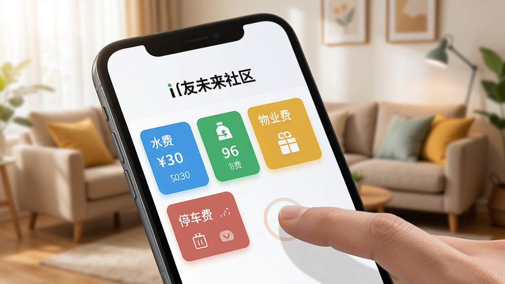 手机屏幕特写,显示“i友未来社区”的缴费页面,包含水费、电费、物业费、停车费等卡片式入口,背景为温馨的家庭客厅场景,风格为现代扁平化UI设计,细节有手指点击屏幕的动作,画质高清,干净,无多余元素