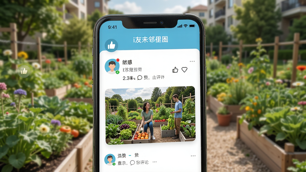 手机界面展示“i友未来社区”的邻里圈页面,有用户发布的动态、图片和评论,背景为社区花园场景,风格为清新社交风格,细节包含点赞图标、评论气泡、用户头像,画质高清,干净,无多余元素