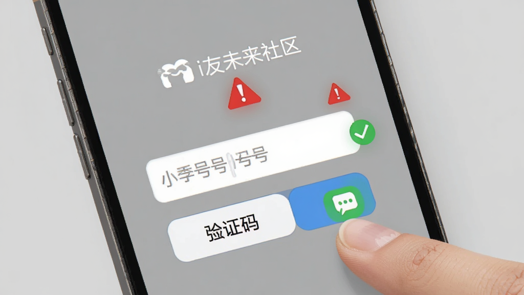 手机屏幕显示“i友未来社区”的登录页面,有手机号输入框和验证码按钮,旁边有红色警示标志和绿色对勾图标,背景为简洁的灰色调,风格为信息提示图,细节包含手指点击、短信图标,画质高清,干净,无多余元素