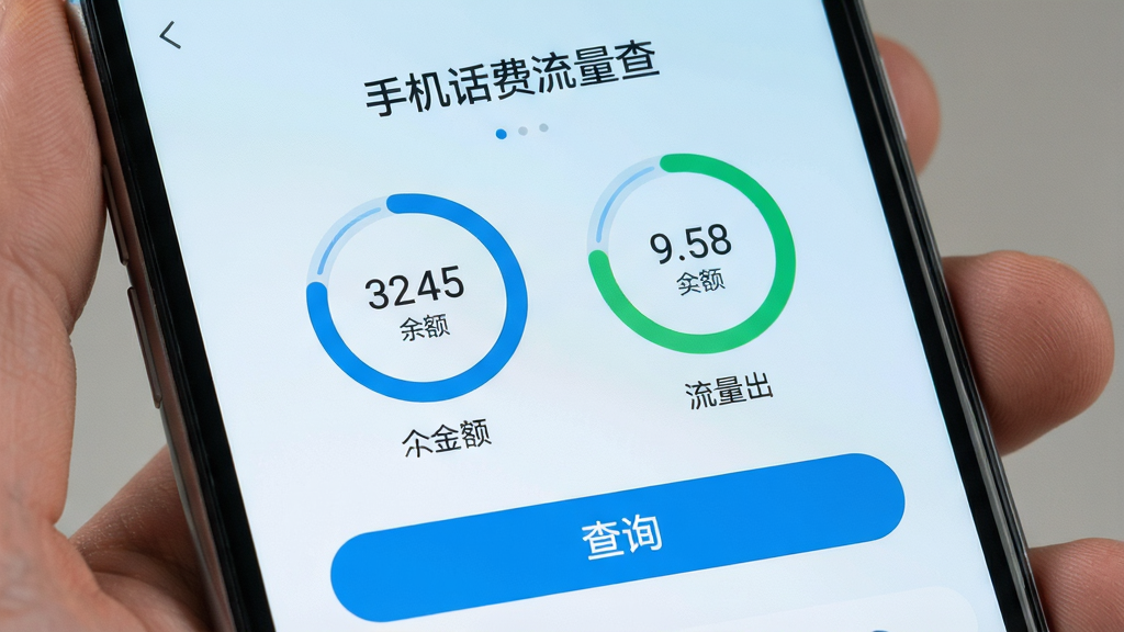 一张手机屏幕特写,屏幕中央显示“手机话费流量查”应用主界面,界面顶部有余额和流量环形进度条,底部有查询按钮,背景为淡蓝色渐变,主体清晰,布局居中,排版简洁,风格现代扁平化,细节包括数字和图标清晰可见,画质高清,干净,无多余元素