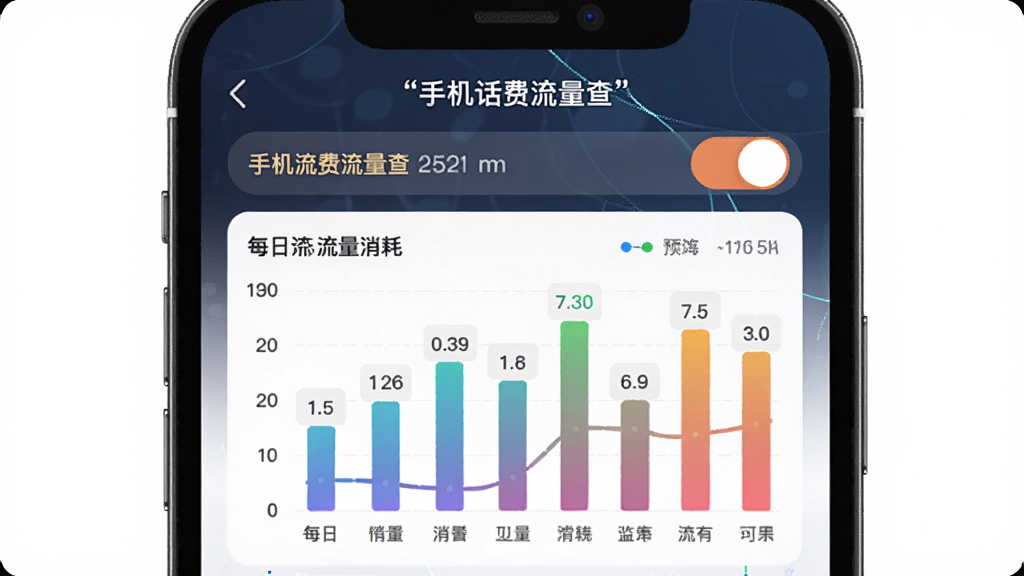 手机屏幕显示“手机话费流量查”的流量监控页面,页面中有柱状图展示每日流量消耗,顶部有预警设置开关,主体为手机屏幕,布局居中,排版信息图表化,风格科技感,细节包括图表颜色渐变和数字标注,画质高清,干净,无多余元素
