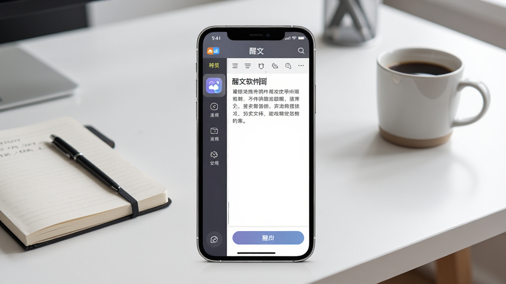 一张展示醒文软件主界面的图片,画面中央是手机屏幕,屏幕内显示醒文App的文本编辑界面,左侧是功能菜单栏,右侧是文字输入区,背景是干净的书桌,桌上放着笔记本和咖啡杯,风格为现代简约科技风,细节包括软件图标和按钮,画质清晰,无多余元素。