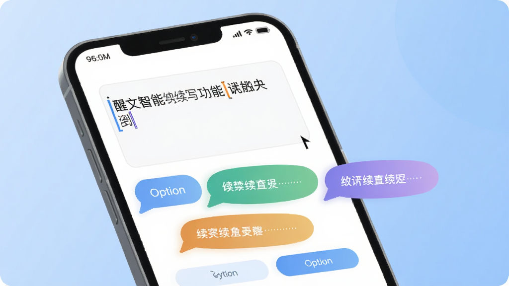 一张展示醒文智能续写功能的示意图,画面中一部手机屏幕显示文字输入框,框内有一句开头文字,下方出现三个不同颜色的续写建议气泡,背景是柔和的蓝色渐变,风格为扁平化设计,细节包括光标闪烁和选项按钮,画质清晰,干净整洁。