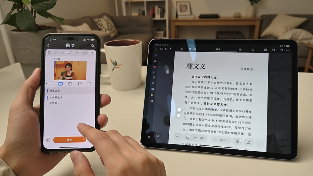 一张展示醒文在手机和平板上的使用场景图,画面左侧是手持手机显示醒文编辑界面,右侧是平板电脑横屏展示同一文稿,背景是舒适的居家办公环境,风格为生活化写实,细节包括手指触控和屏幕反光,画质清晰,无杂乱物品。