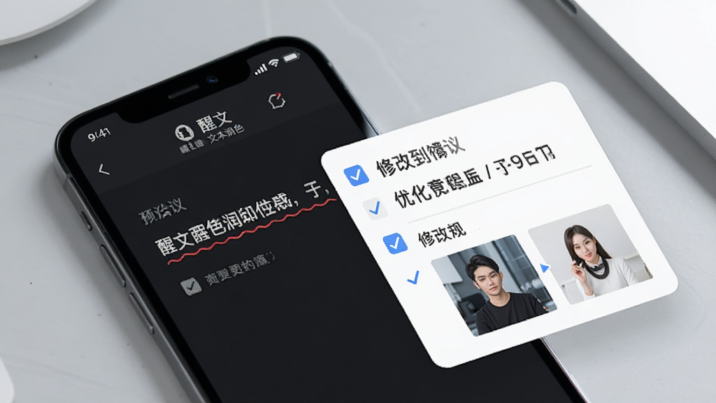 一张展示醒文文本润色界面的图片,手机屏幕显示一段带有红色波浪下划线的文字,旁边弹出修改建议卡片,卡片上写着优化后的句子,背景是浅灰色工作台,风格为清新商务风,细节包括勾选按钮和对比视图,画质清晰,无杂乱元素。
