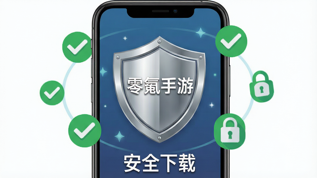 一张展示零氪手游账号安全功能的图片,主体是手机屏幕显示安全盾牌图标与“安全下载”字样,布局上盾牌居中,周围环绕着绿色对勾与锁形图标,排版简洁明了,风格为扁平化安全主题,细节上盾牌带有金属光泽,画质高清,干净,无多余元素,图片中打文字“零氪手游”