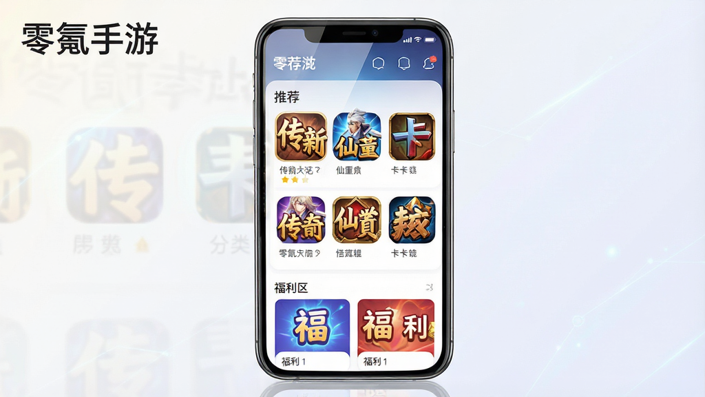 一张展示零氪手游平台全貌的图片,主体是智能手机屏幕,屏幕上显示着零氪手游的应用界面,界面中排列着多款热门游戏图标如传奇、仙侠、卡牌等,布局清晰分为推荐位、分类栏和福利专区,排版上手机居中,背景是简洁的浅色渐变,风格为现代科技感与游戏娱乐风结合,细节上屏幕有轻微反光,图标色彩鲜艳且带有微光效果,画质高清,干净,无多余元素,图片中打文字“零氪手游”