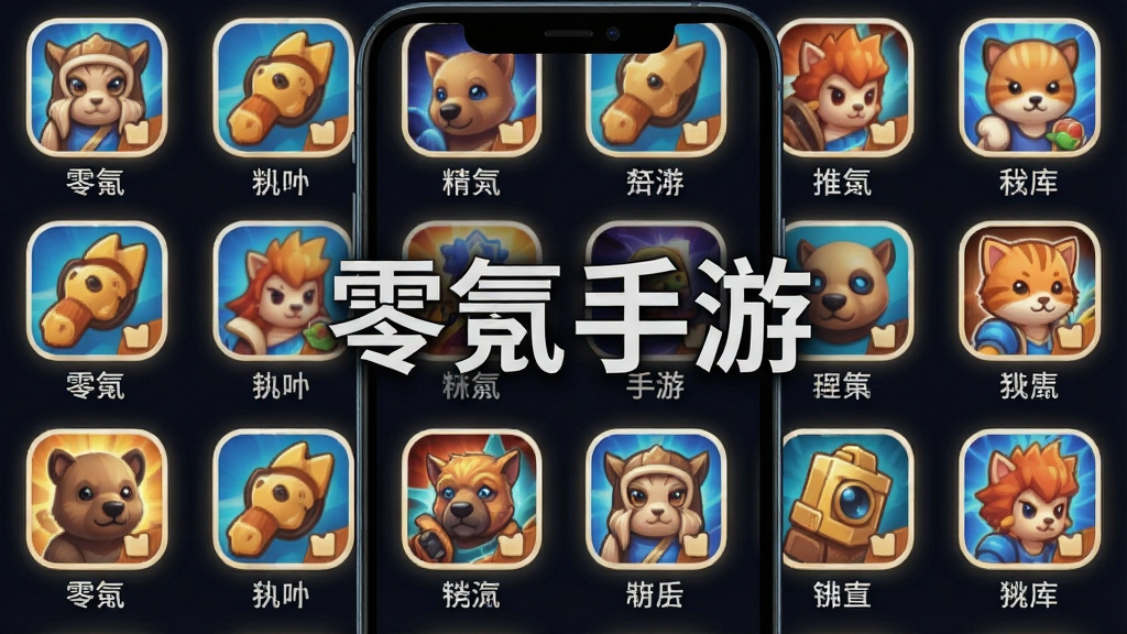一张展示零氪手游游戏库的图片,主体是手机屏幕中显示着排列整齐的游戏图标墙,布局为网格状,每个图标下方带有游戏名称标签,排版上图标墙占据画面主体,风格为扁平化设计,细节上每个图标都有微弱的发光边框,画质高清,干净,无多余元素,图片中打文字“零氪手游”
